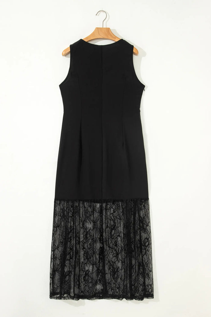 Sleeveless Sheer Floral Lace Patchwork Maxi Dress