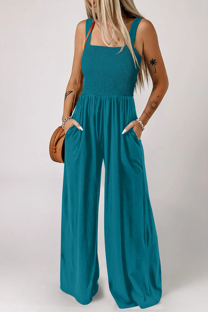 Smocked Square Neck Sleeveless Wide Leg Jumpsuit with Pockets – Teal