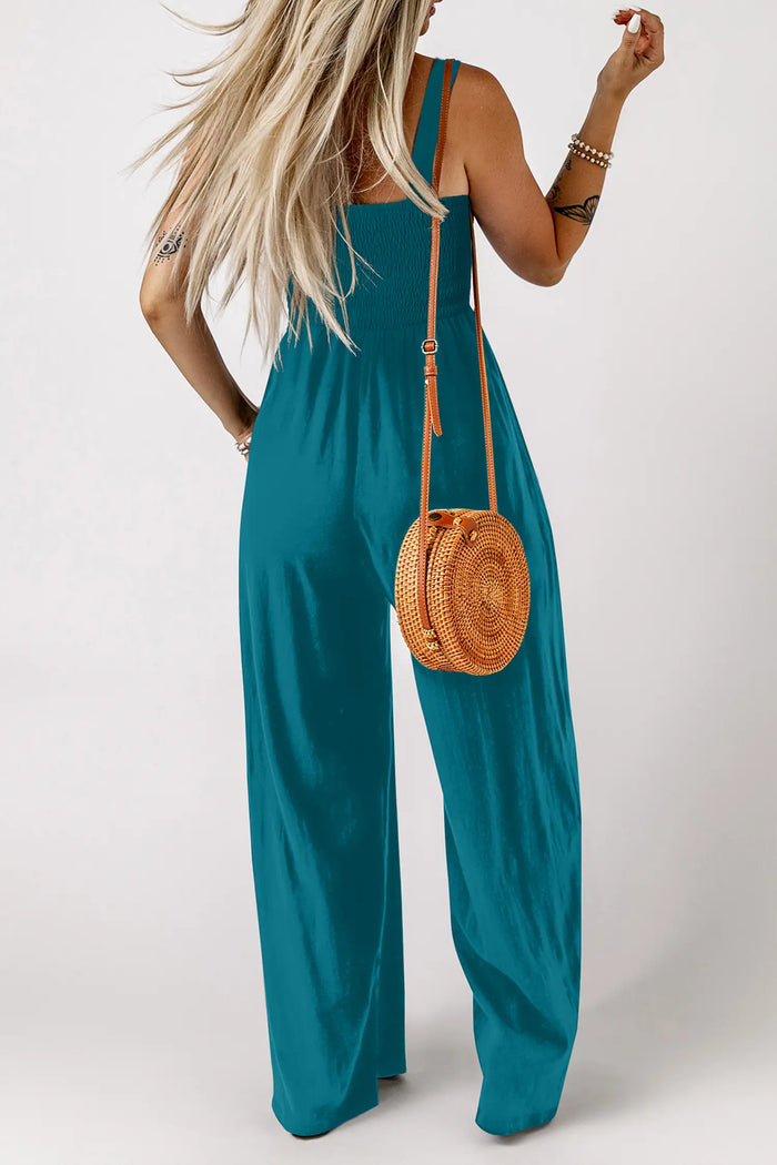 Smocked Square Neck Sleeveless Wide Leg Jumpsuit with Pockets – Teal