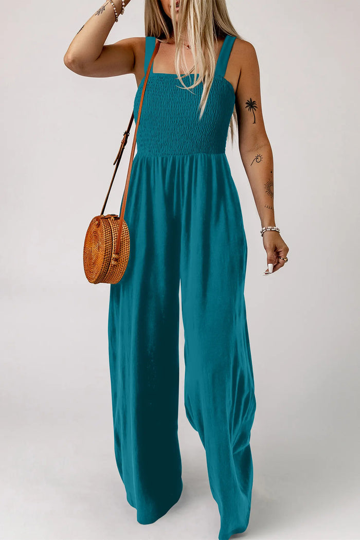 Smocked Square Neck Sleeveless Wide Leg Jumpsuit with Pockets – Teal