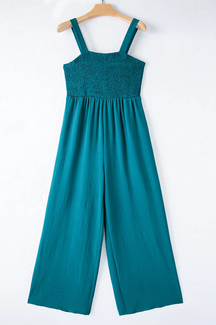 Smocked Square Neck Sleeveless Wide Leg Jumpsuit with Pockets – Teal