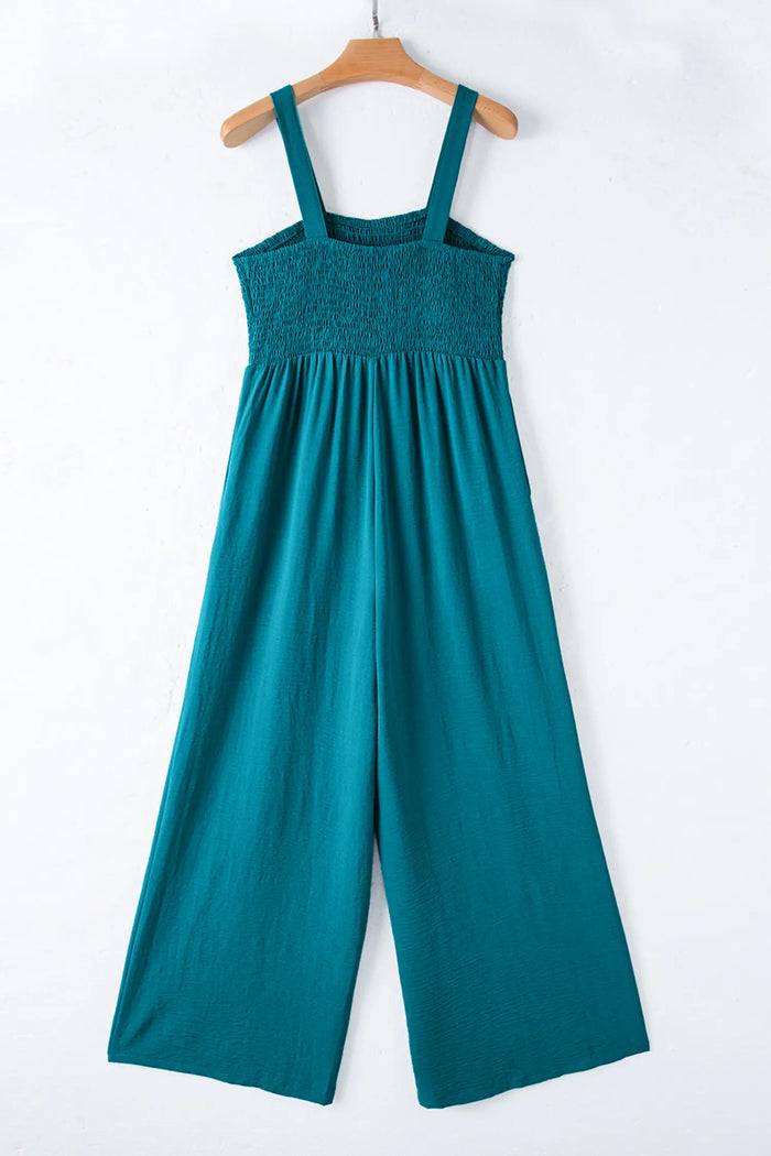 Smocked Square Neck Sleeveless Wide Leg Jumpsuit with Pockets – Teal