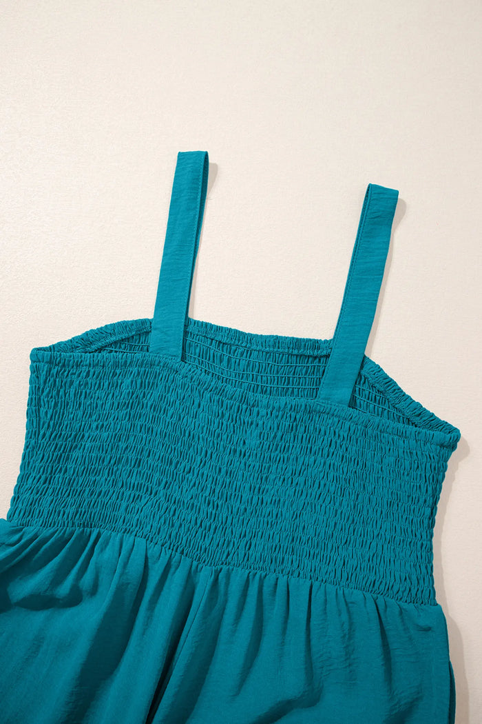 Smocked Square Neck Sleeveless Wide Leg Jumpsuit with Pockets – Teal