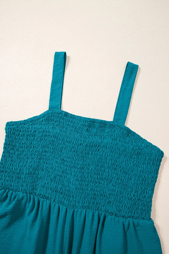 Smocked Square Neck Sleeveless Wide Leg Jumpsuit with Pockets – Teal