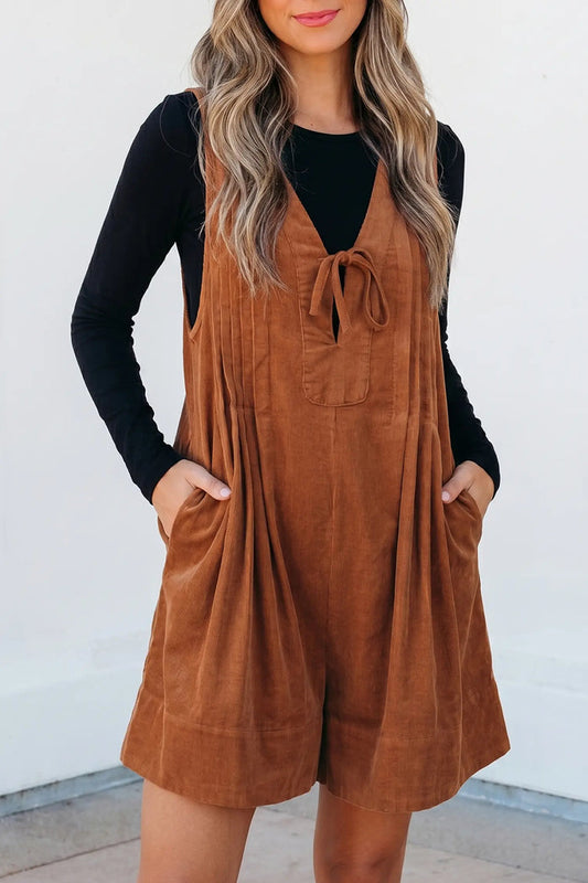 Solid Color Tie V Neck Sleeveless Corduroy Romper – Cinnamon