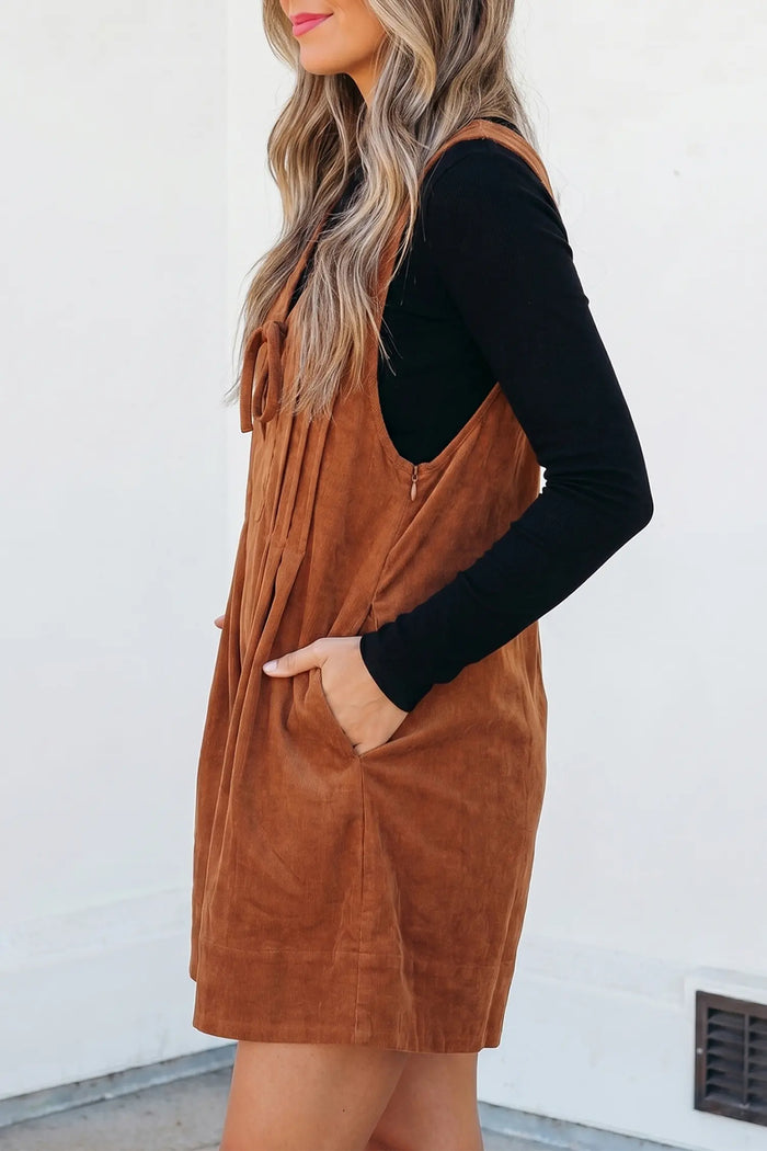 Solid Color Tie V Neck Sleeveless Corduroy Romper – Cinnamon