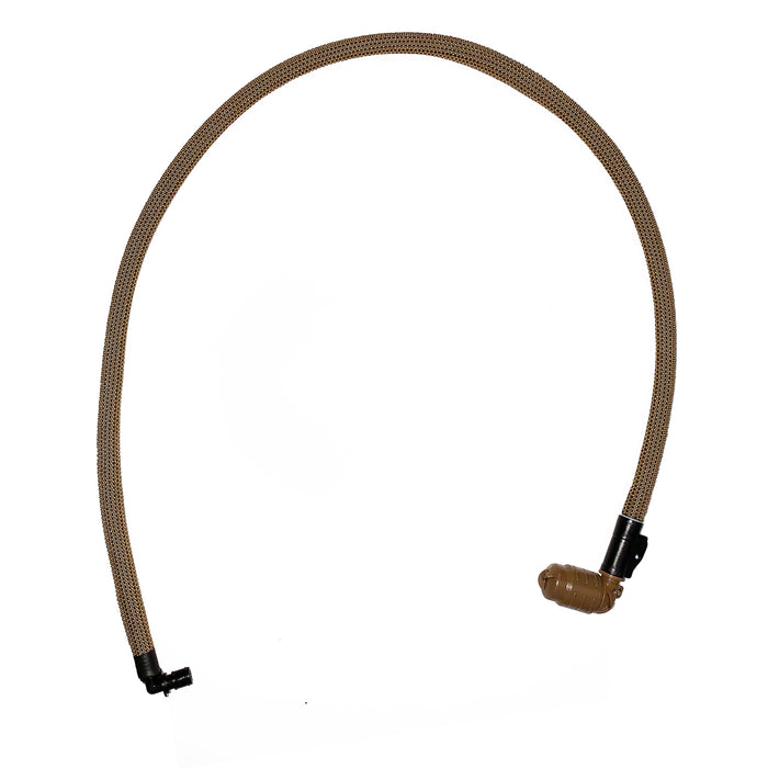 Isolated view of Source 90 drink tube in Coyote Brown showing Helix bite valve and 90° hard elbow on white background