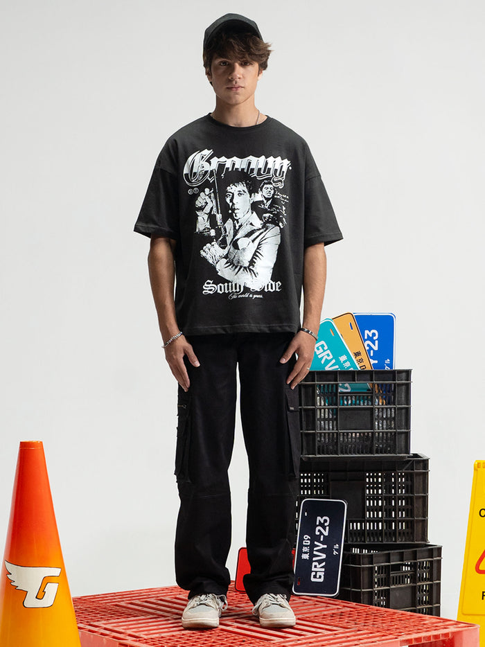 South Side tee female model front view black oversized graphic Pakistan – GROOVY