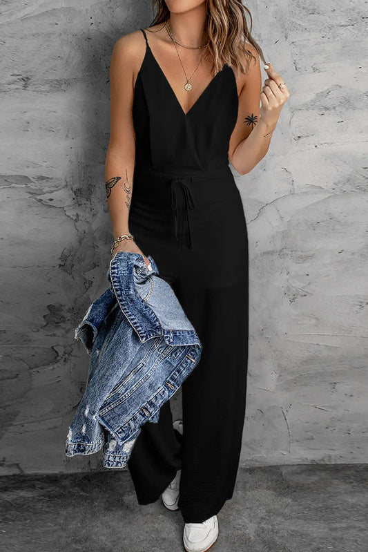 Spaghetti Strap Wide Leg Drawstring High Waist Jumpsuit
