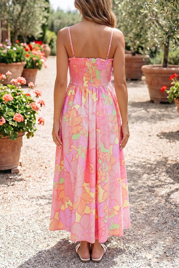 Spaghetti Straps Floral Shirred High Waist Dress – Pink