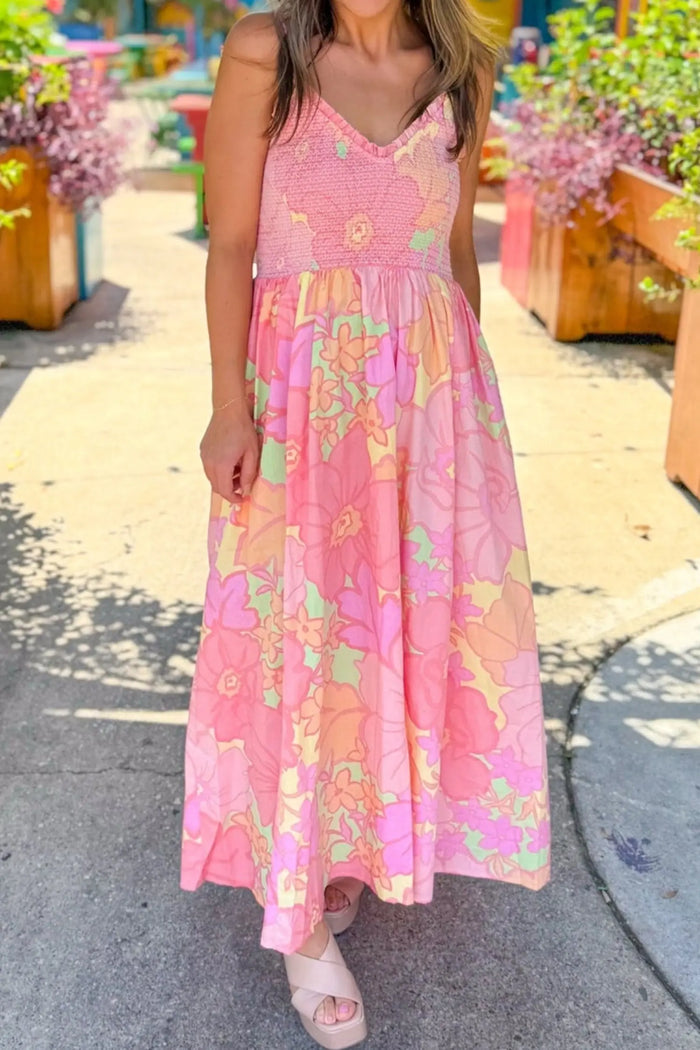 Spaghetti Straps Floral Shirred High Waist Dress – Pink