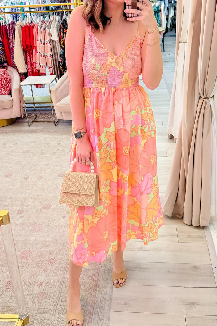 Spaghetti Straps Floral Shirred High Waist Dress – Pink