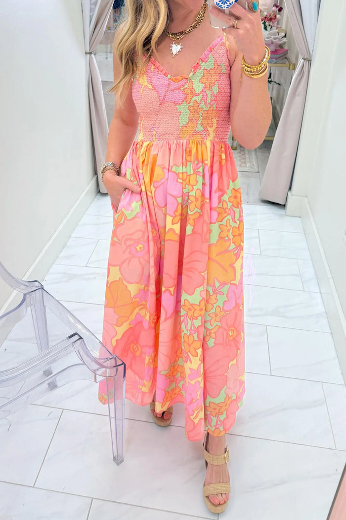 Spaghetti Straps Floral Shirred High Waist Dress – Pink