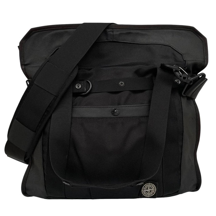 Stone Island black nylon tote bag with logo patch and crossbody strap.