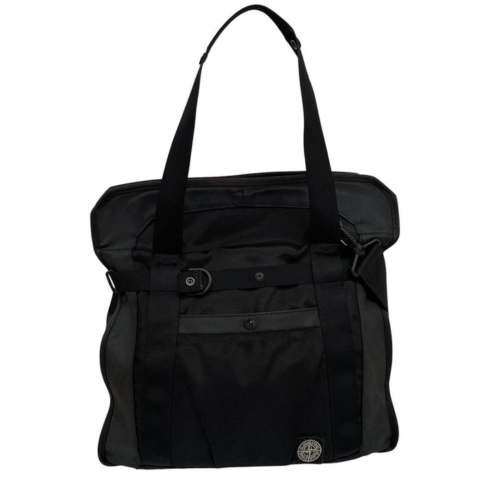 Stone Island black nylon tote bag with logo patch and crossbody strap.
