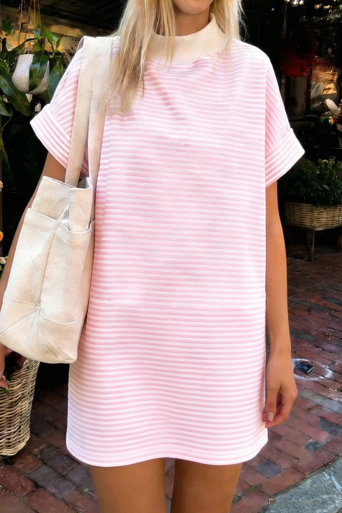 Stripe Cuffed Short Sleeve Contrast Mock Neck Tee Dress