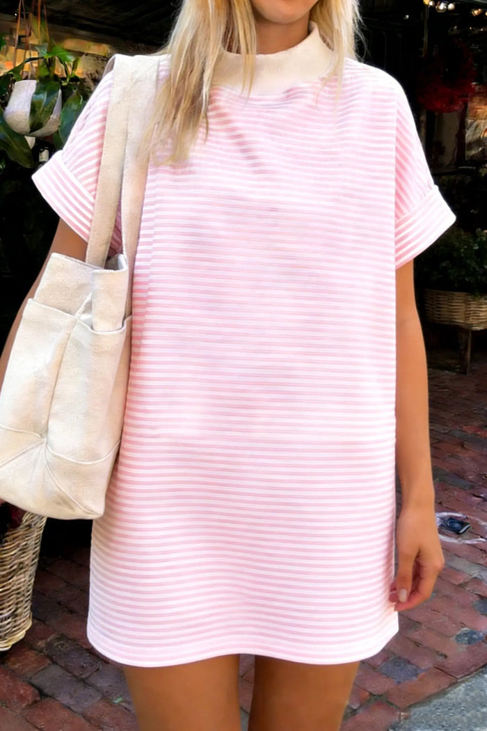 Stripe Cuffed Short Sleeve Contrast Mock Neck Tee Dress