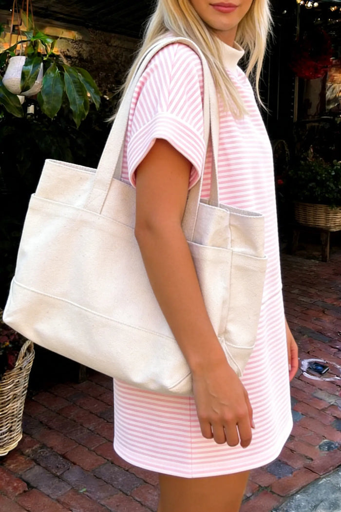 Stripe Cuffed Short Sleeve Contrast Mock Neck Tee Dress