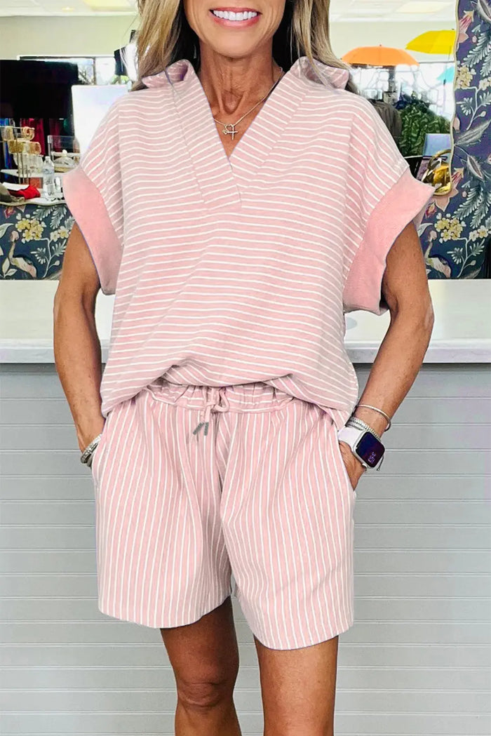 Stripe Dolman Sleeve Polo & Drawstring Shorts Co-ord Set