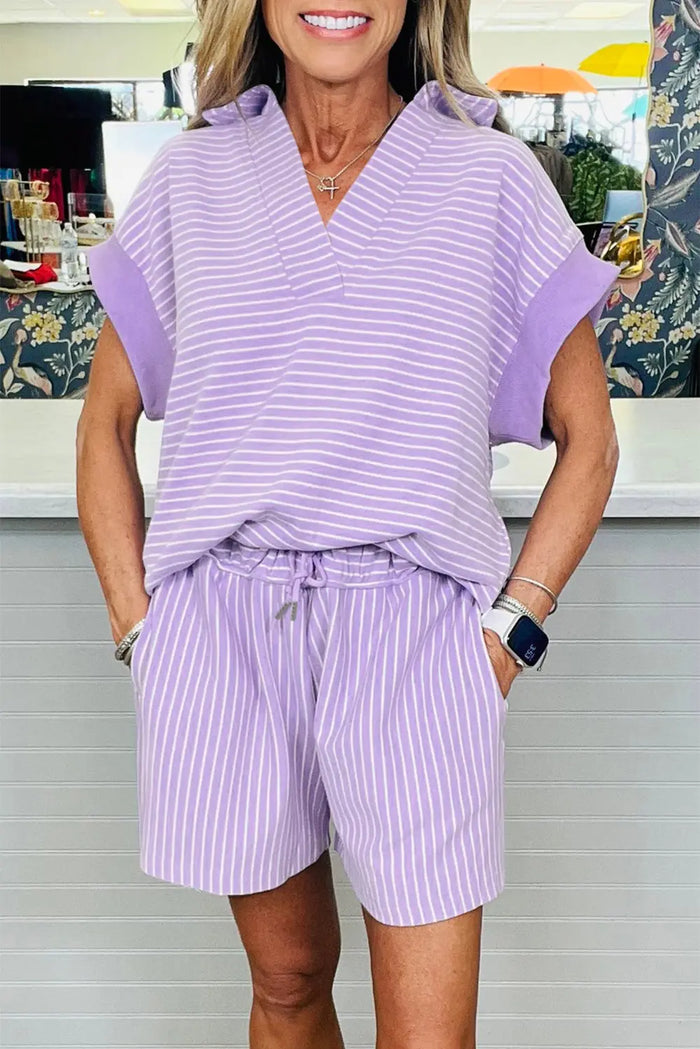 Stripe Dolman Sleeve Polo & Drawstring Shorts Co-ord Set