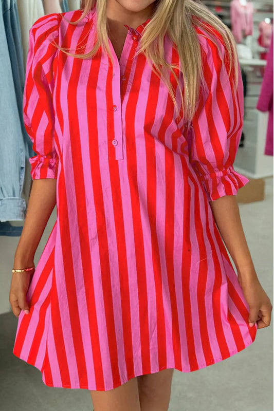 Stripe Puff Sleeve Mini Dress – Half Button