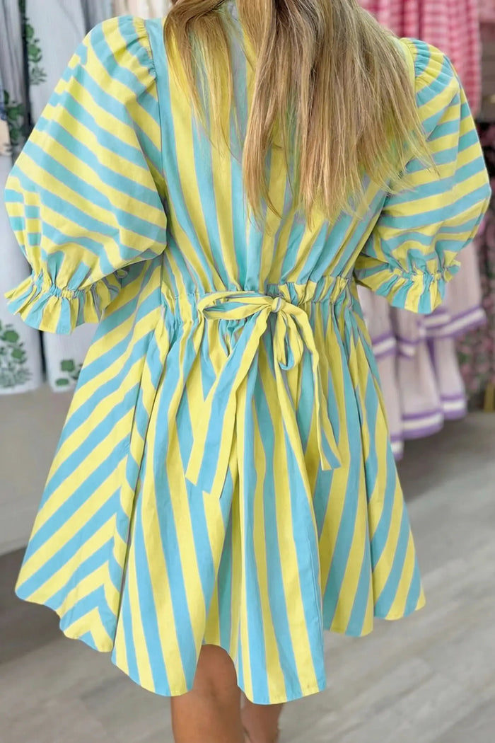 Stripe Puff Sleeve Mini Dress – Half Button