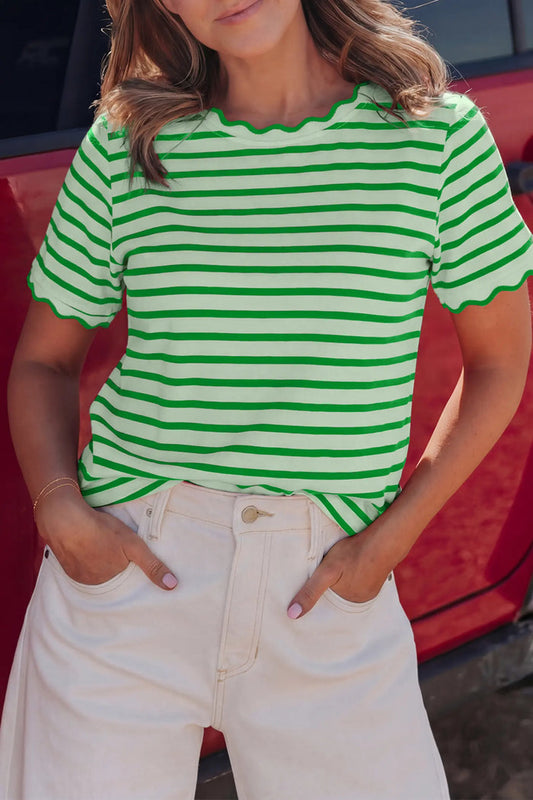 Stripe Scalloped Trim Round Neck T-Shirt