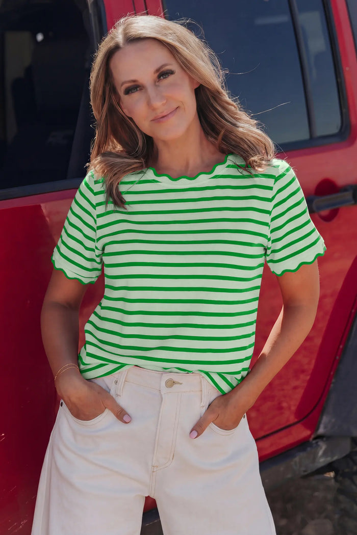 Stripe Scalloped Trim Round Neck T-Shirt