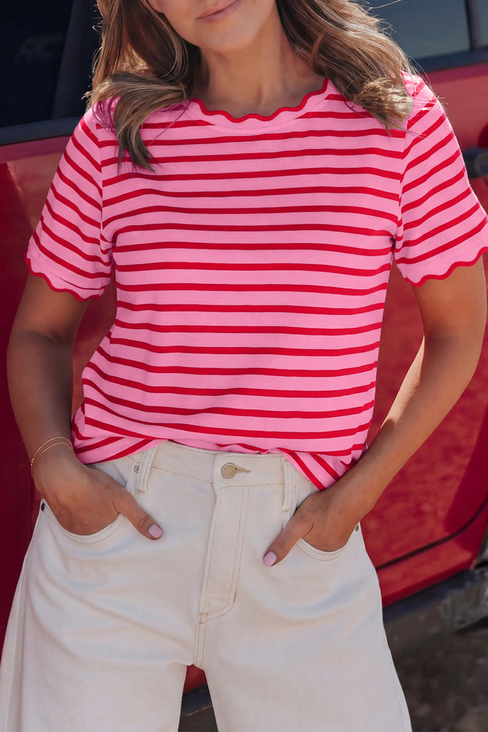 Stripe Scalloped Trim Round Neck T-Shirt