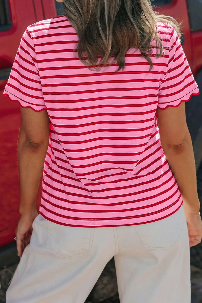 Stripe Scalloped Trim Round Neck T-Shirt