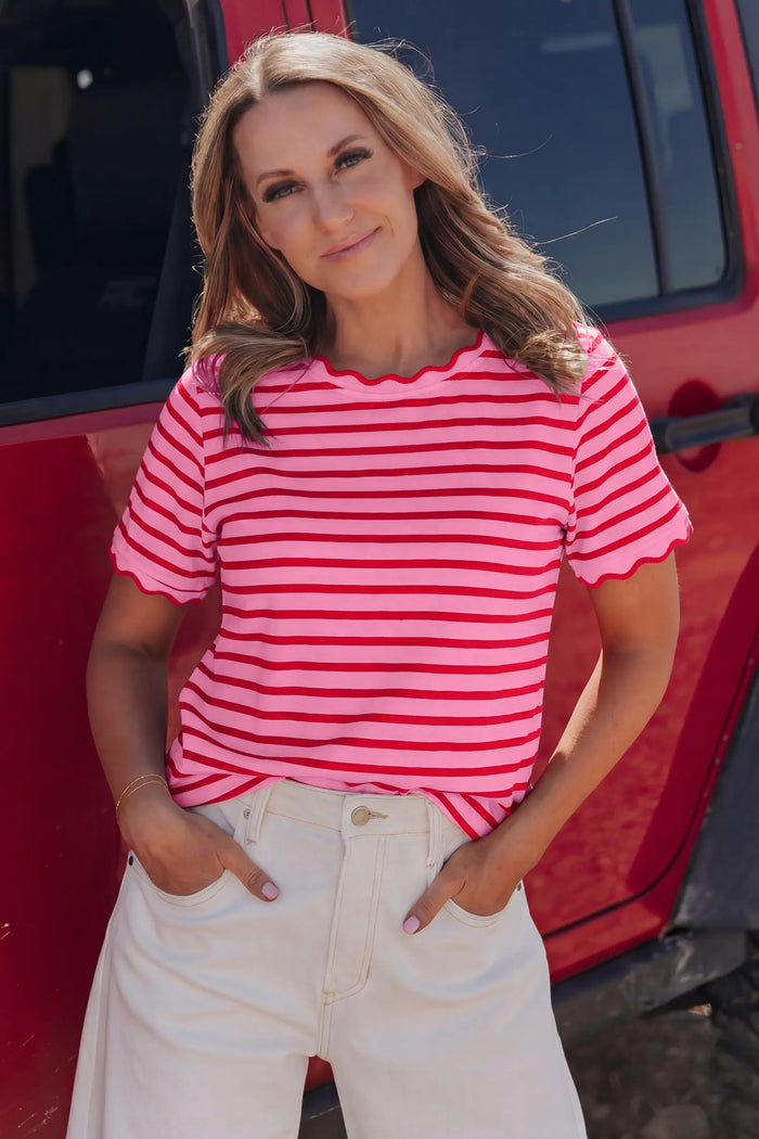 Stripe Scalloped Trim Round Neck T-Shirt