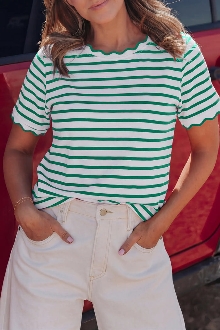 Stripe Scalloped Trim Round Neck T-Shirt