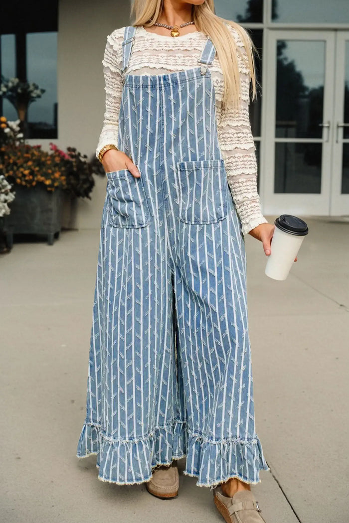 Striped Distressed Ruffled Wide Leg Denim Overalls – Blue