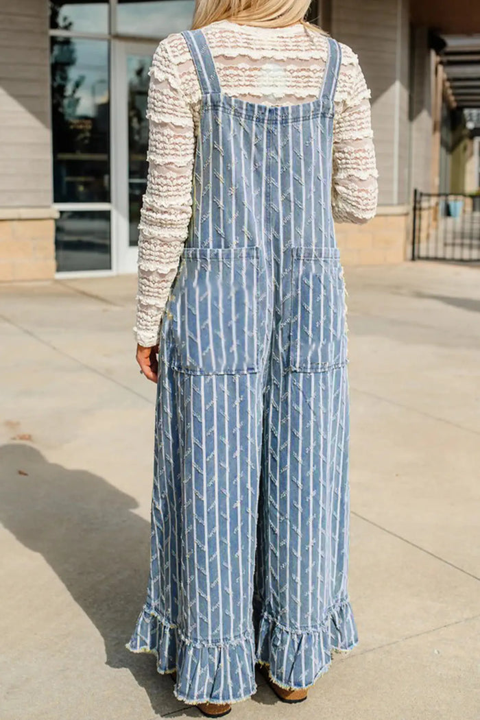 Striped Distressed Ruffled Wide Leg Denim Overalls – Blue