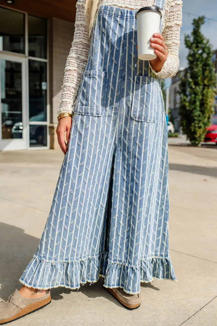Striped Distressed Ruffled Wide Leg Denim Overalls – Blue