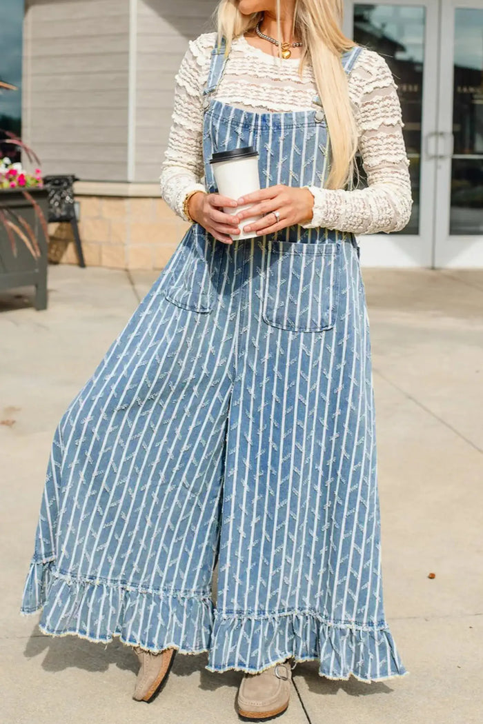 Striped Distressed Ruffled Wide Leg Denim Overalls – Blue