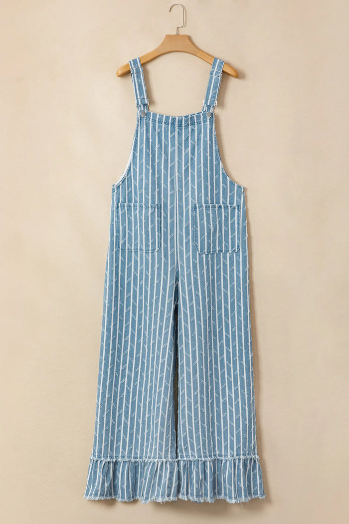 Striped Distressed Ruffled Wide Leg Denim Overalls – Blue