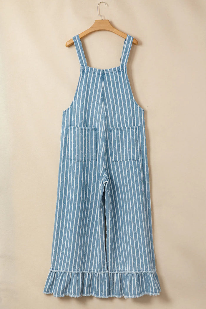 Striped Distressed Ruffled Wide Leg Denim Overalls – Blue