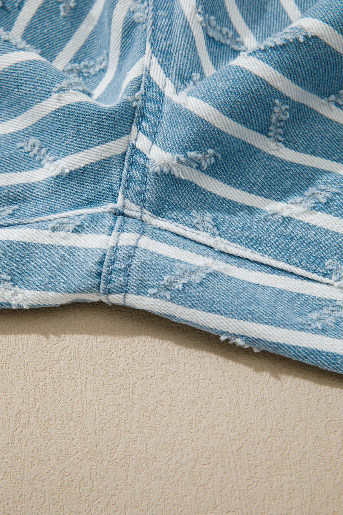 Striped Distressed Ruffled Wide Leg Denim Overalls – Blue