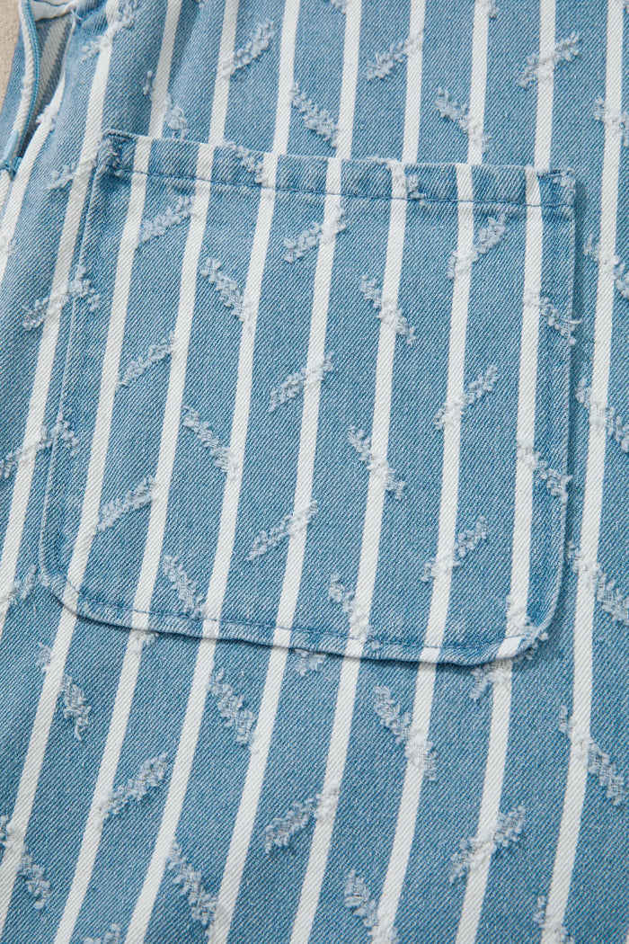 Striped Distressed Ruffled Wide Leg Denim Overalls – Blue
