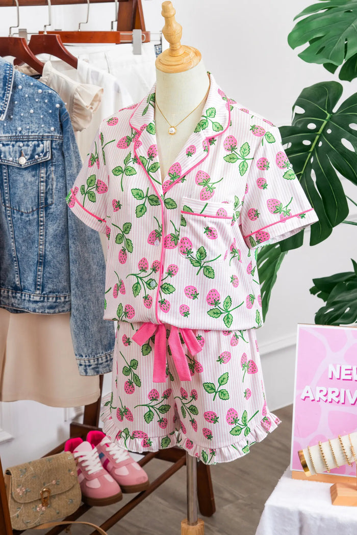 Striped Strawberry Print Pyjama Set – Pink