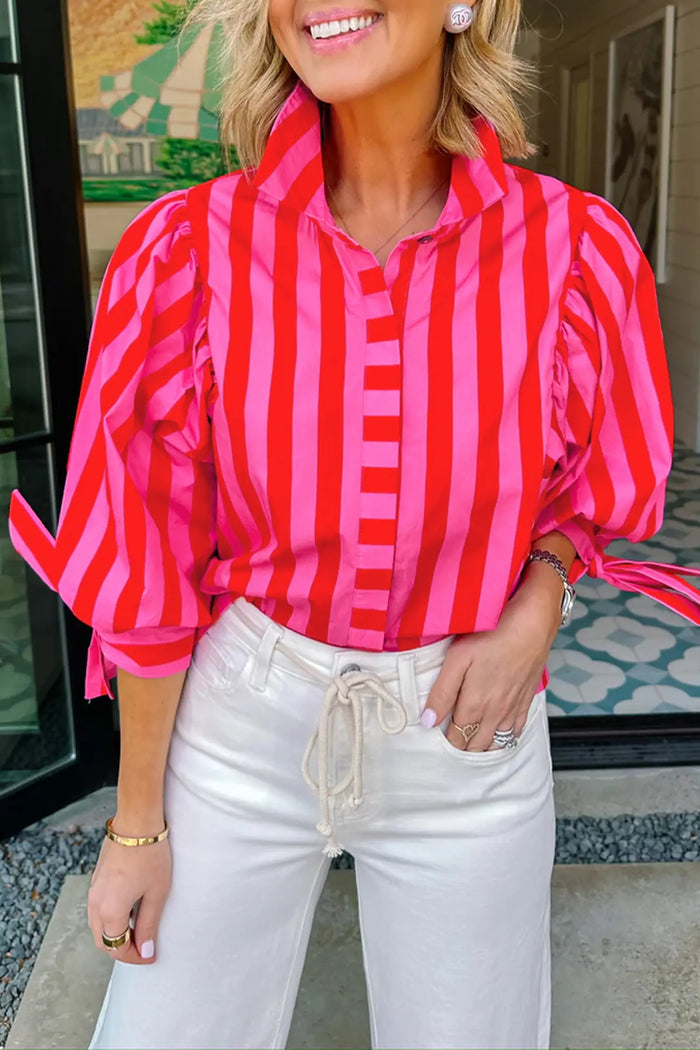 Striped Tie Puff Sleeve Button-Down Shirt
