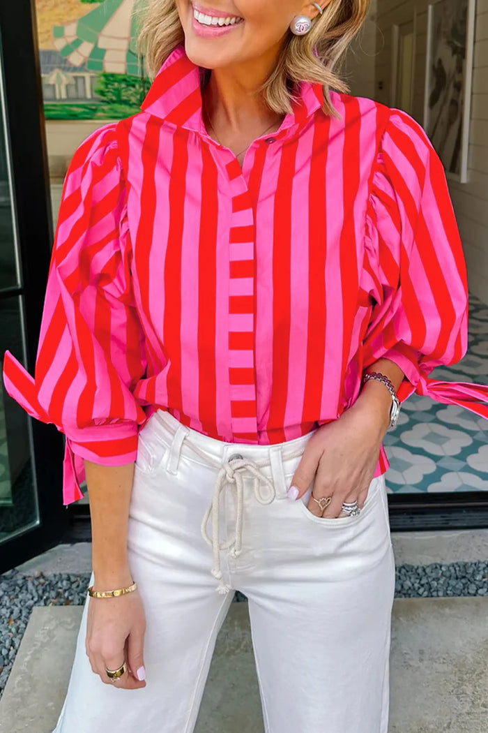 Striped Tie Puff Sleeve Button-Down Shirt