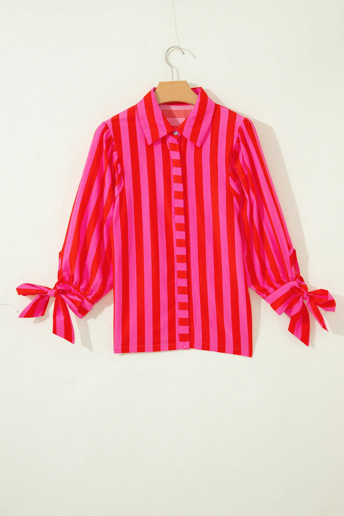 Striped Tie Puff Sleeve Button-Down Shirt
