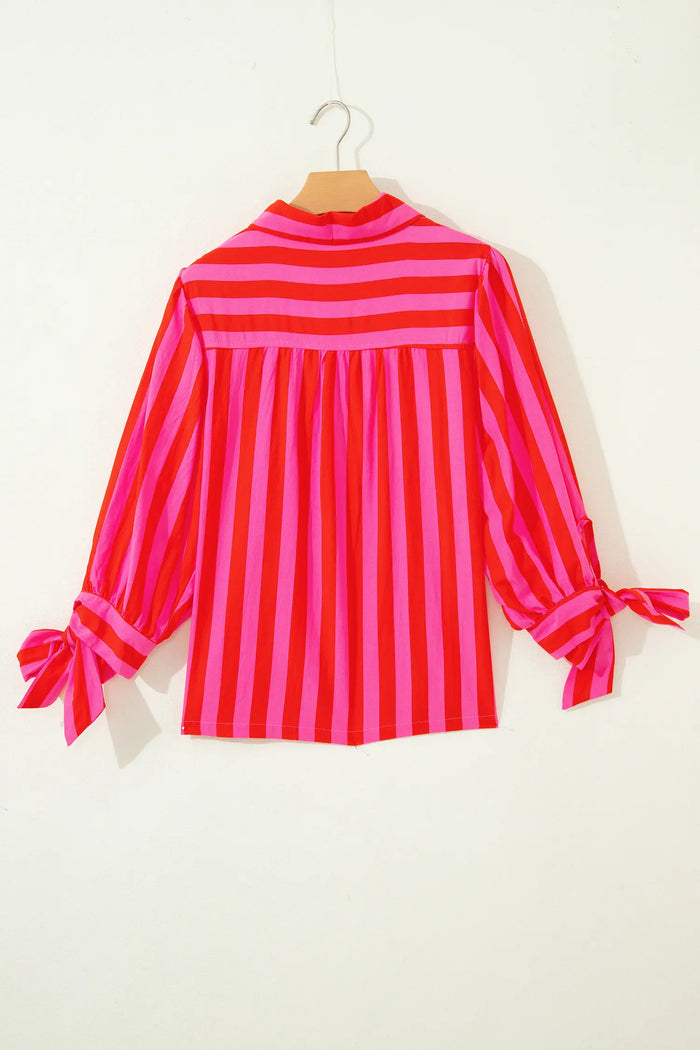 Striped Tie Puff Sleeve Button-Down Shirt