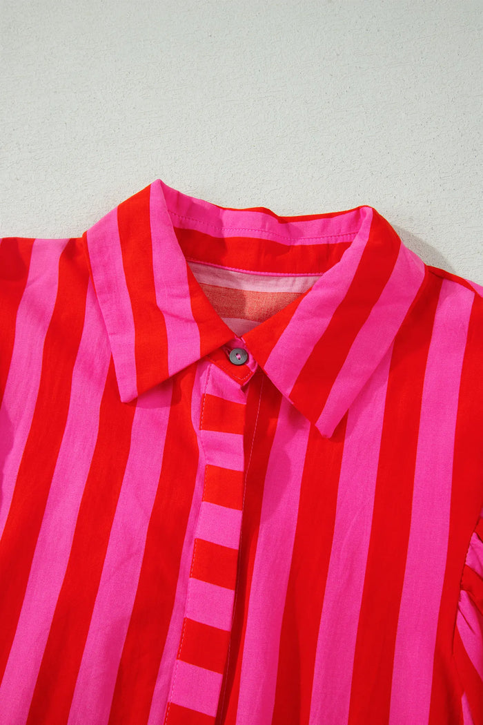 Striped Tie Puff Sleeve Button-Down Shirt