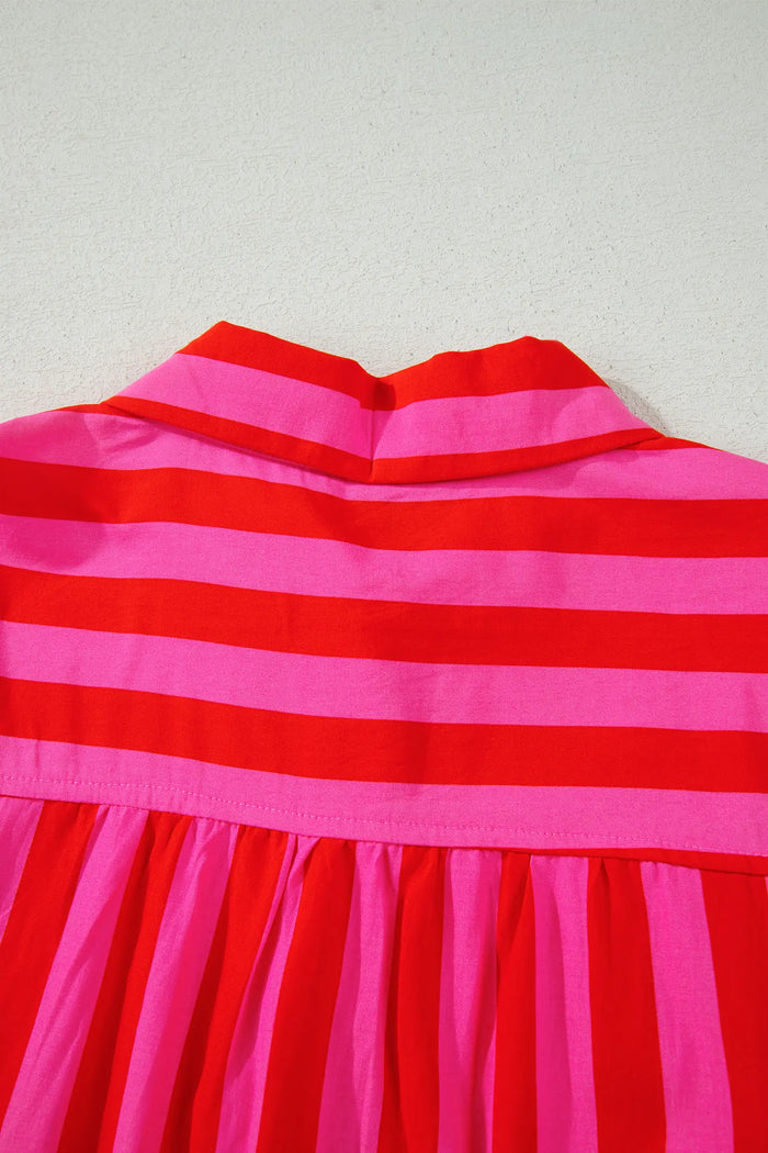 Striped Tie Puff Sleeve Button-Down Shirt