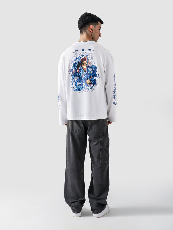 Tanjiro anime full sleeves tee male model side view washed grey Pakistan – GROOVY