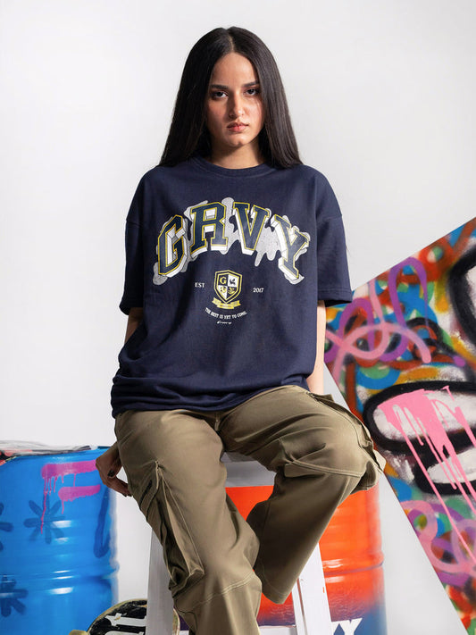 The Best Is Yet To Come navy blue oversized tee male model full body front view Pakistan – GROOVY