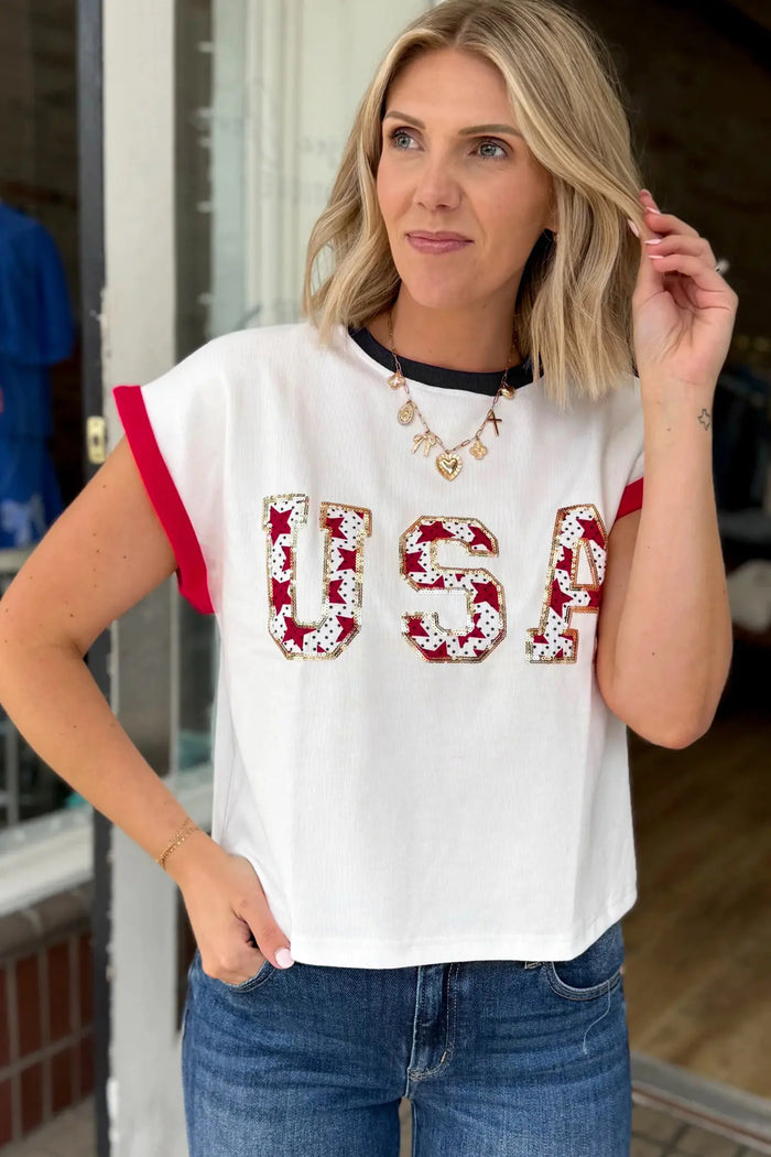 USA Sequin Colour Block Loose T-Shirt
